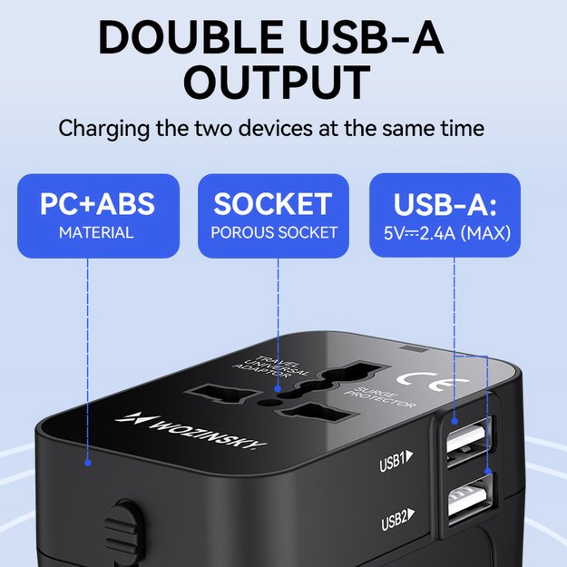 Wozinsky WUTWC Travel Adapter Universal 24W EU / US / AUS / UK / 2x USB-A - Black 7
