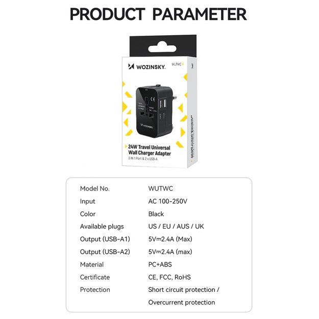 Wozinsky WUTWC Travel Adapter Universal 24W EU / US / AUS / UK / 2x USB-A - Black 4