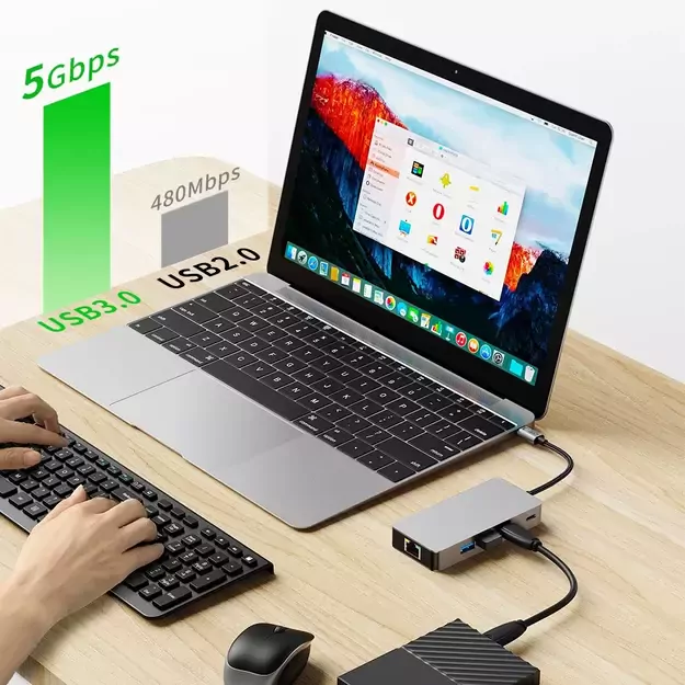 Tech-Protect HB05 HUB 9in1 USB-C + USB2.0 + USB3.0 + HDMI 4K 60HZ + SD / TF + PD100W + RJ45 adapter - gray 7