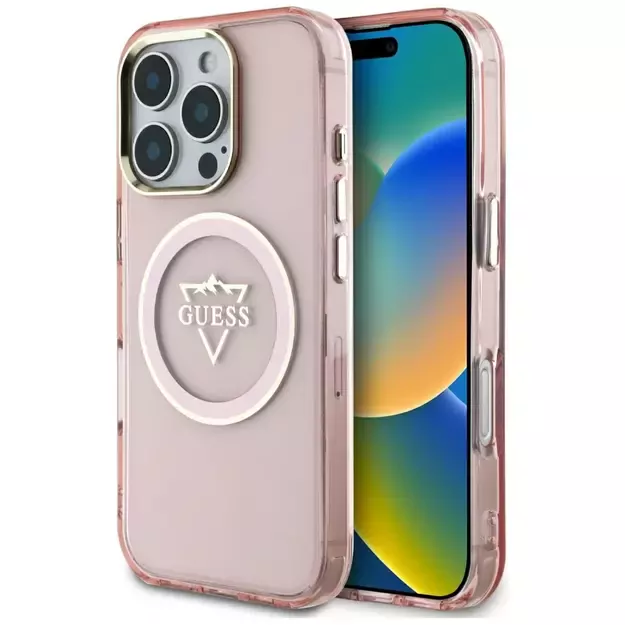 Guess IML Metal Mountain Logo MagSafe iPhone 16 Pro Case - Pink